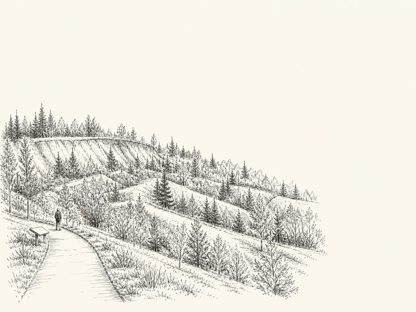 Pen drawing of wooded ridges in Earthquake Park