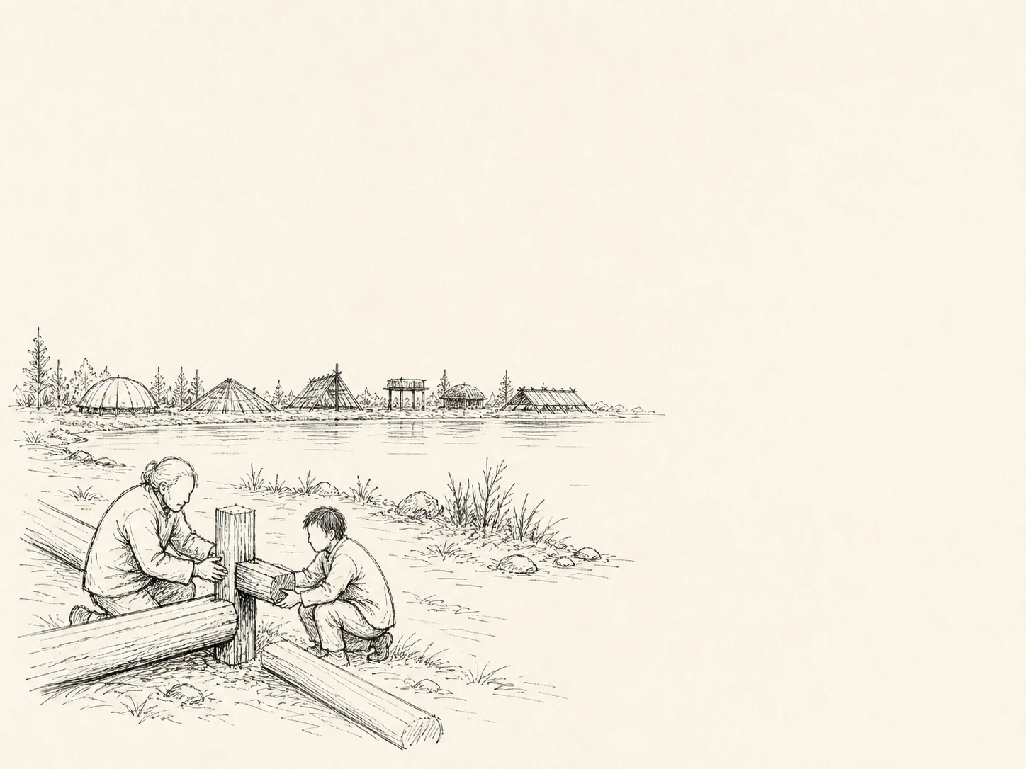 Pen drawing of village structures beside Lake Tiulana
