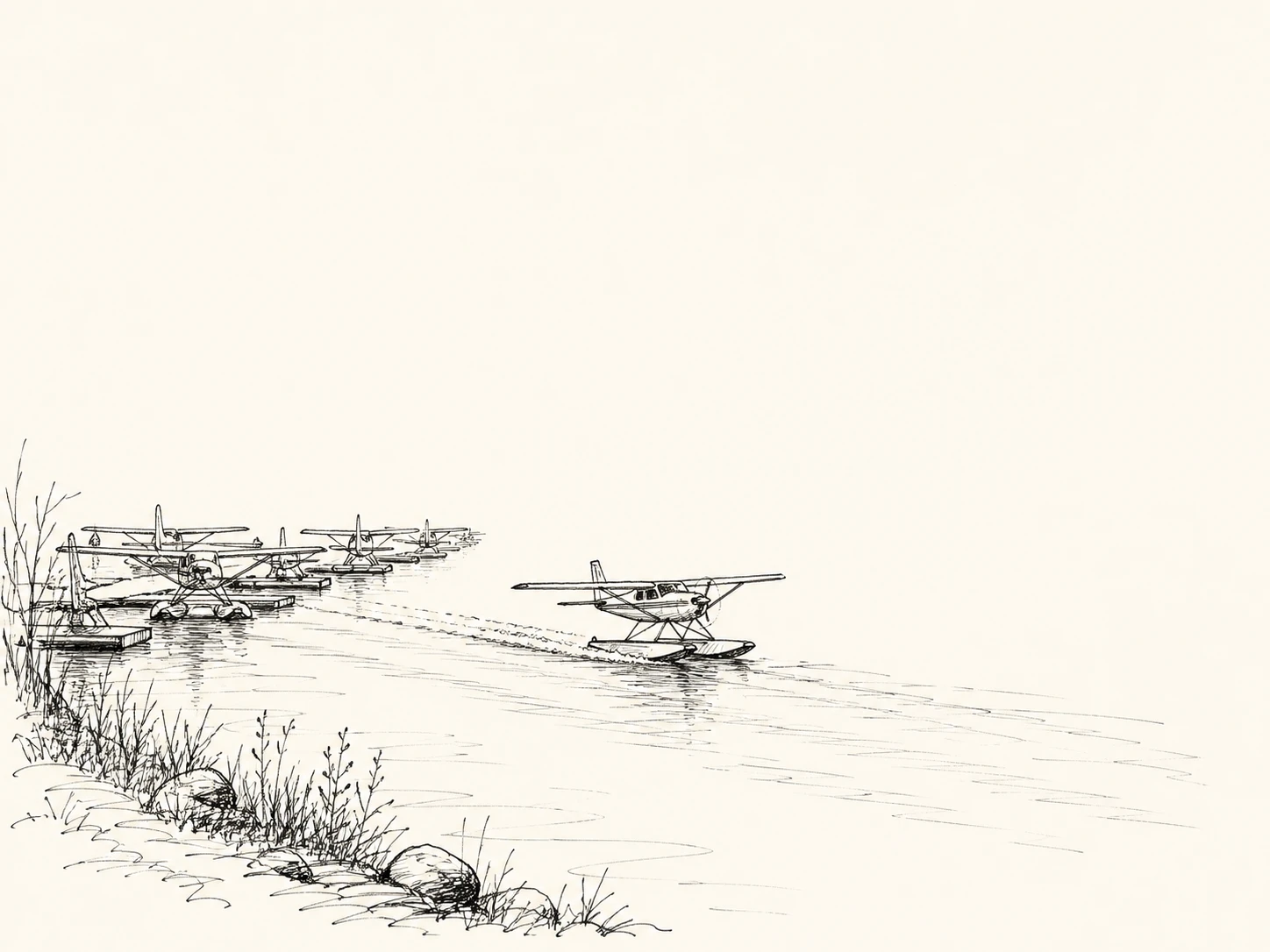 Pen drawing of a floatplane and water runway on Lake Hood