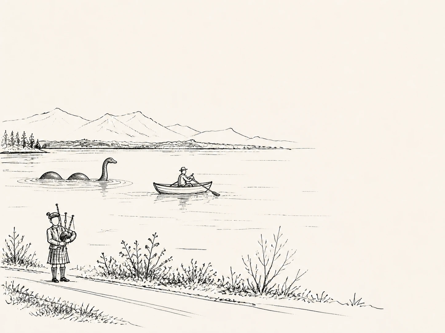Pen drawing of the classic fake lake monster at Westchester Lagoon