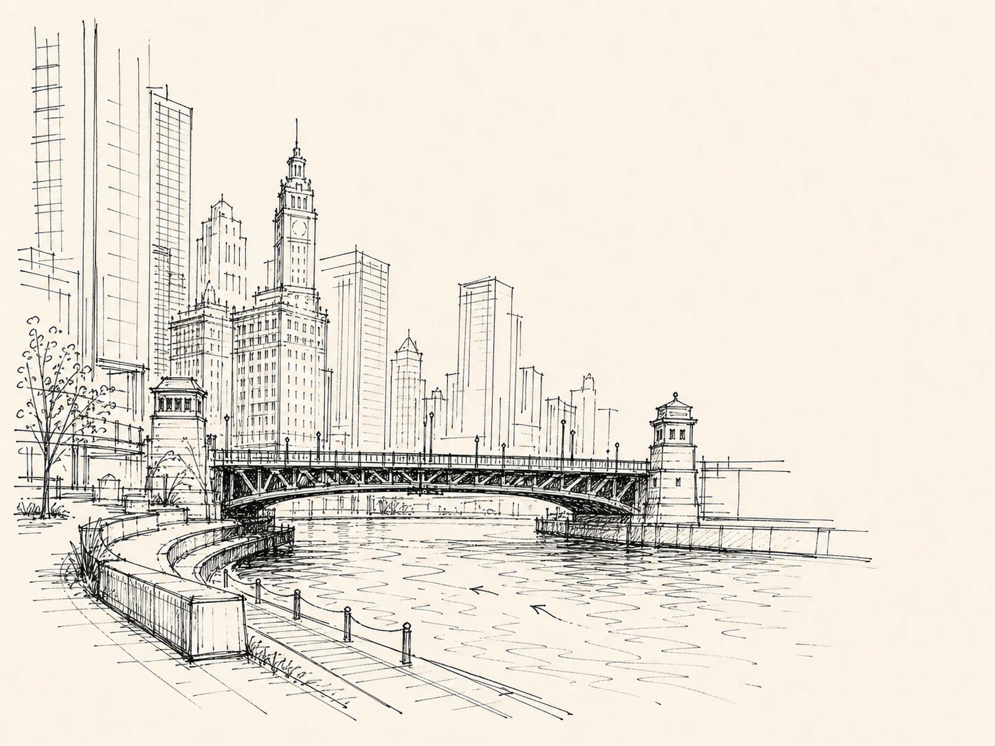 Chicago Riverwalk的听城编辑线稿