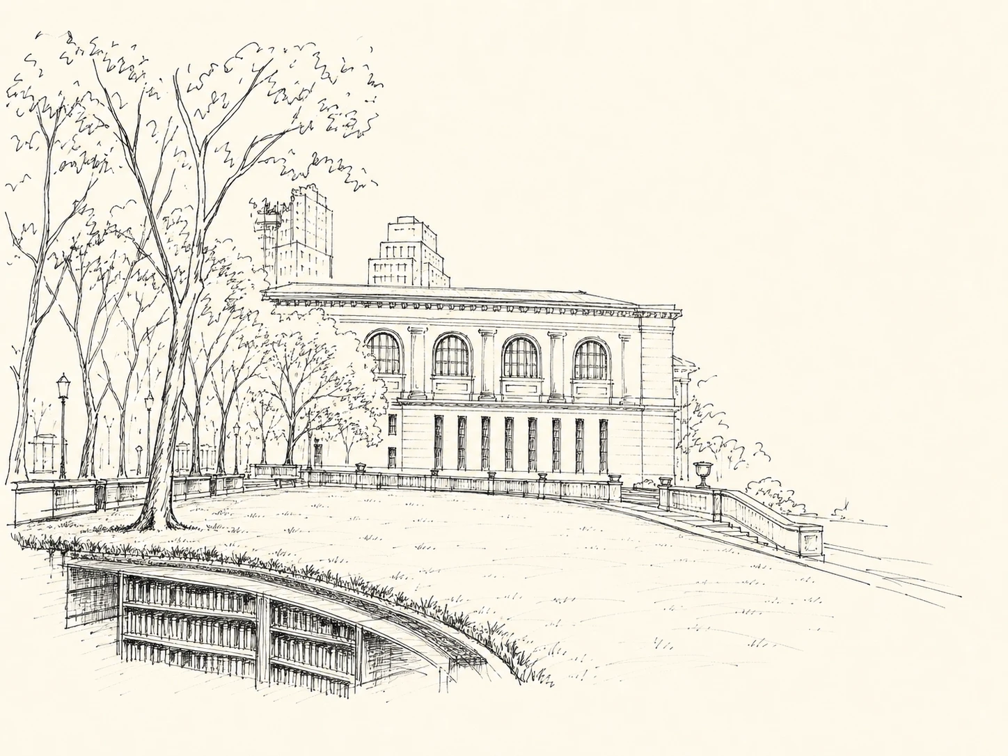 Editorial illustration of Bryant Park and the library stacks beneath it