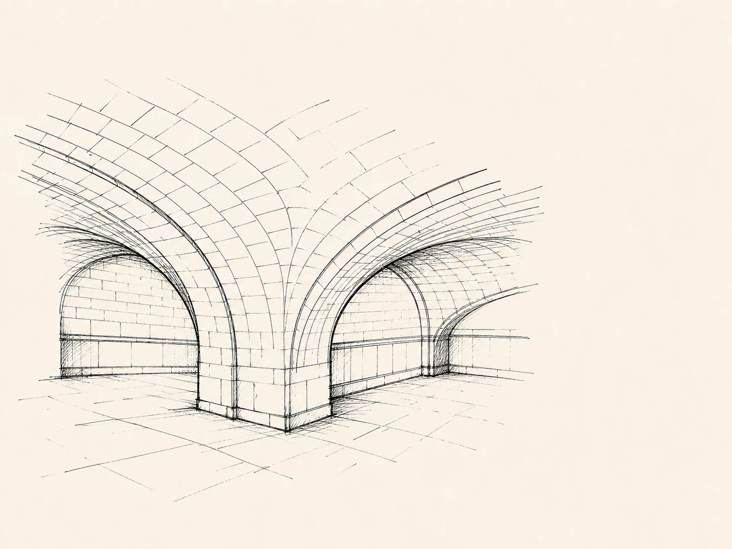 Black-and-white editorial illustration of Grand Central’s whispering arcade