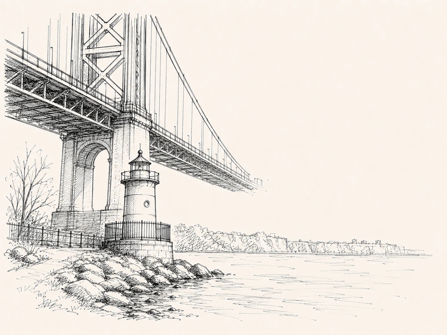 Editorial illustration of the Little Red Lighthouse beneath the George Washington Bridge