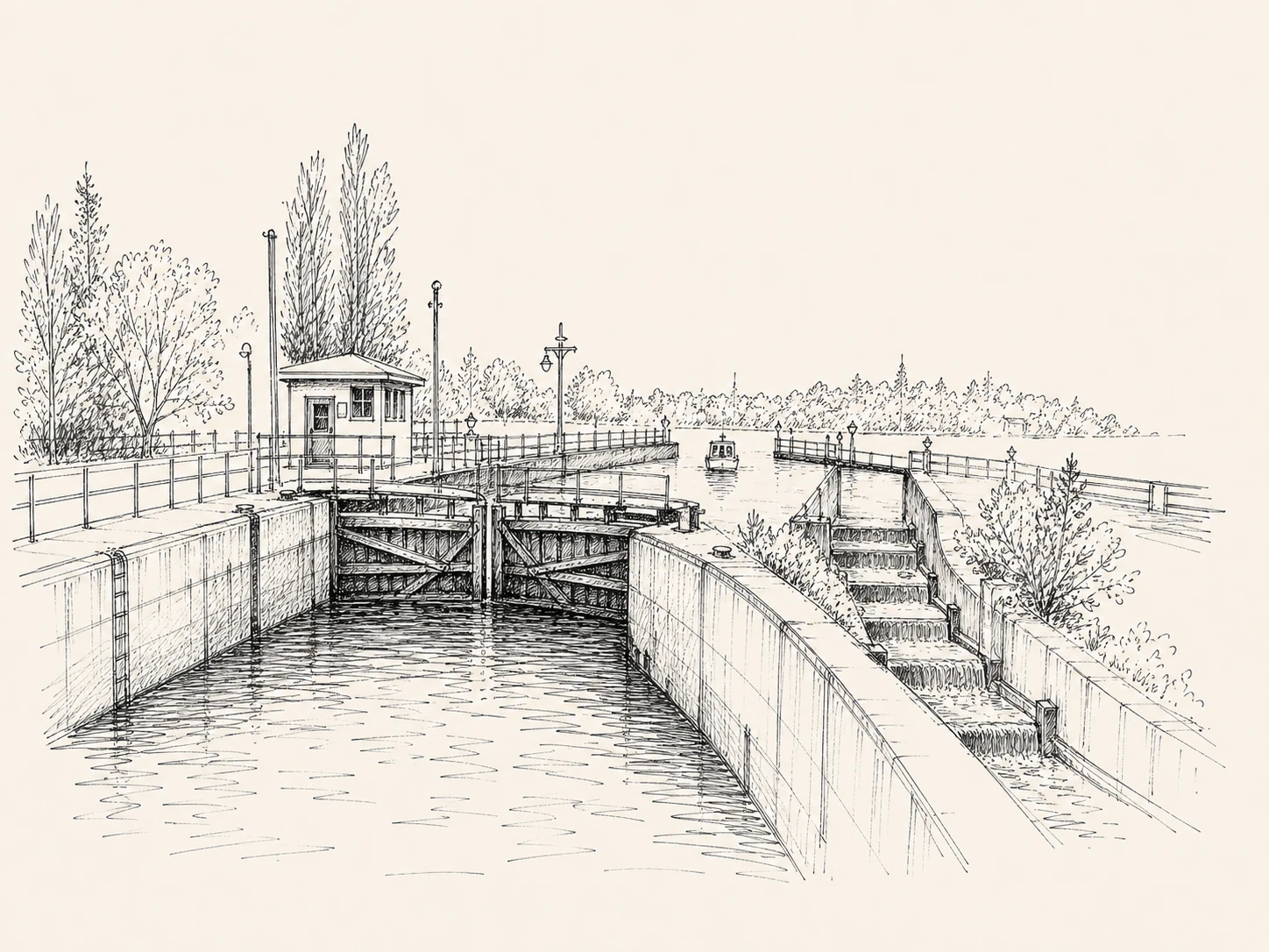 Editorial illustration of Ballard Locks and its fish ladder